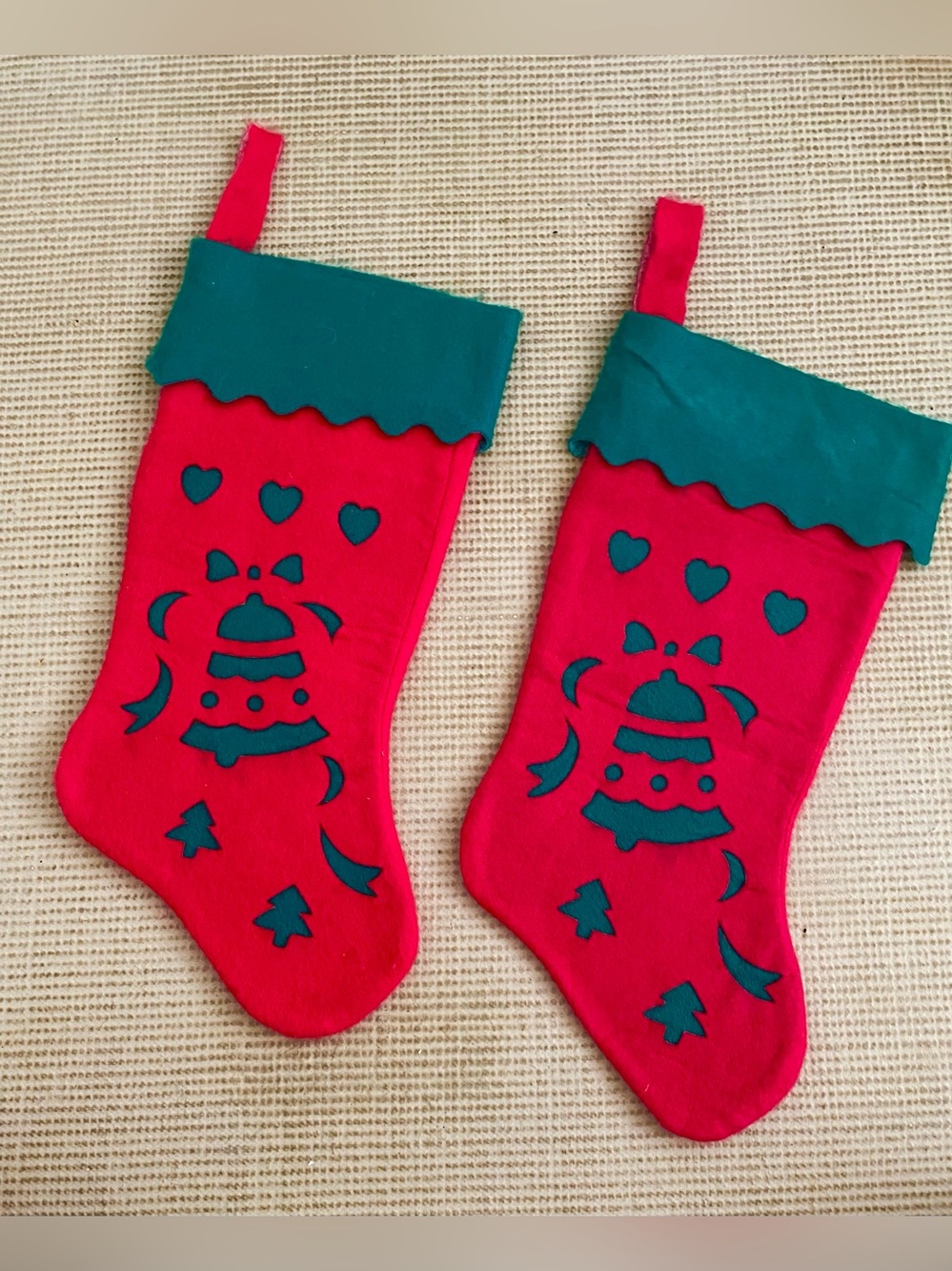 2 Vintage Style Felt Christmas Stockings Red with Green Trim. Holiday Bell.